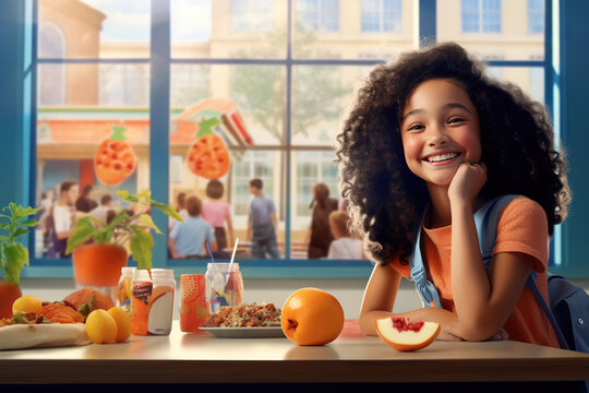 Happy Elementary School Girl Having A Healthy Lunch And Smiling At Table In School Cafeteria.