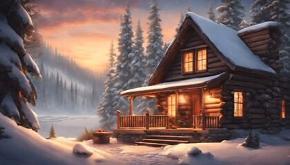A cozy cabin in the woods, with a warm fireplace, hot cocoa, and a view of the snowy landscape,...