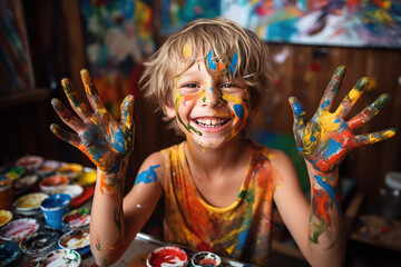 a young smiling boy, engaged in painting with paint on his face and hands. Young creative hands