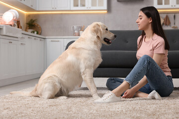 Woman with cute Labrador Retriever dog on floor at home. Adorable pet