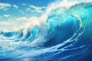 Gordijnen Big waves breaking on an reef along. Blue ocean wave. © arhendrix