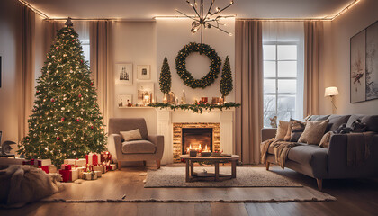 A cozy living room decorated with twinkling lights and a beautifully adorned Christmas tree, creating a warm and festive atmosphere