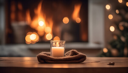 A cozy wooden table by the fireplace with soft bokeh lights in the background. High quality photo, perfect for featuring your winter or fireplace-related products