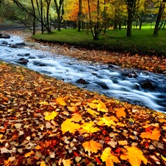 Autumn Leaves on Ground by a River