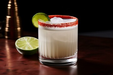 A white drink with a reddish color and a lime slice on the edge. Generative AI