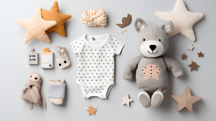 Children's toys on a light gray background, a knitted toy rabbit, children's clothes and accessories. - obrazy, fototapety, plakaty