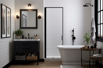 A compact contemporary bathroom with a black vanity, mirror frame, and fixtures. White subway tiles adorn the bathtub and shower with contrasting black faucets. Generative AI