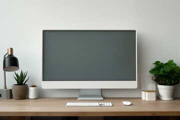 modern workspace with computer and mockup screen in a home or studio. Generative AI