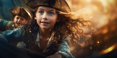 A little girl and boy in pirate costumes riding on a boat. Generative AI.