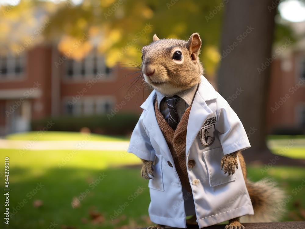 Poster a squirrel dressed in a lab coat and tie. generative ai.