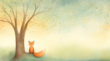 Watercolor tiny distant far away fox beside a tree in a magical fairytale forest. whimsical folk art children's illustration.