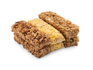 Different tasty granola bars isolated on white