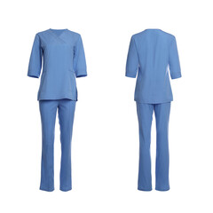 Blue medical uniform isolated on white, collage with back and front views
