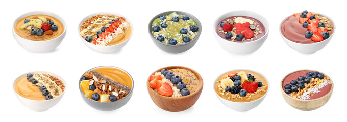 Set of different smoothie bowls isolated on white