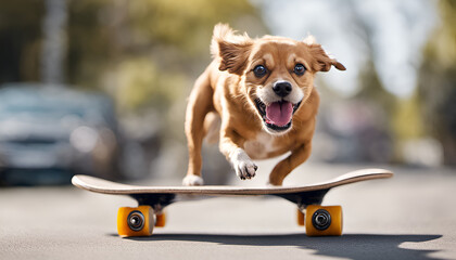 A funny image of a dog attempting to balance on a skateboard, its tongue hanging out in pure excitement. Perfect for sharing pet antics