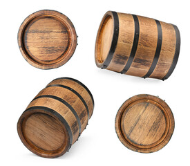 Collage of wooden barrel on white background, different sides