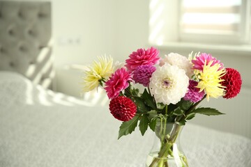 Bouquet of beautiful Dahlia flowers in vase at home. Space for text