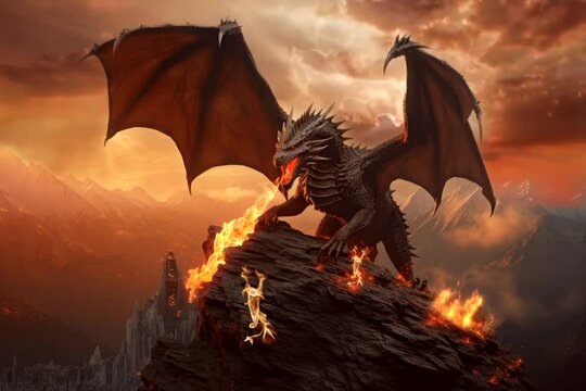 Dragon on top of  hill spewed fire from mouth, , video background movie template 