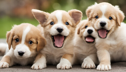 A group of playful puppies in the midst of a funny mishap, their expressions filled with surprise and mischief. Great for light-hearted and humorous posts
