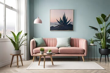 Aloe in pink pot on wooden table in pastel apartment interior with plants and armchair beside sofa with pillows. Copy space. Modern living room