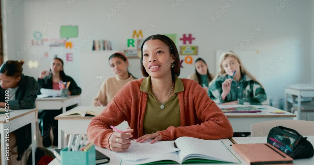 Aufkleber high school, girl and hand for answer, classroom and education with talking for assessment. student,