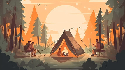 Camping ground with campers around bonfire,tent with pine tree background.vector illustration.