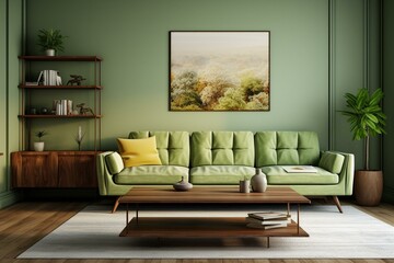 3D rendering of a living room featuring a green sofa, frames, decor, and a table. Generative AI