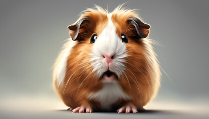 A surprised guinea pig with its fluffy cheeks puffed up, creating a comical and charming expression. Ideal for light-hearted pet content