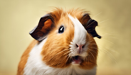 A surprised guinea pig with its fluffy cheeks puffed up, creating a comical and charming expression. Ideal for light-hearted pet content