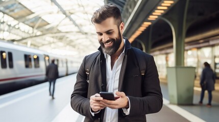 Smiling bearded man looking at his smart phone at a train station.