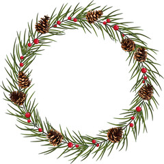 Christmas tree wreath with red berries. Holiday.transparent, png.Christmas card with a wreath of fir branches .Christmas