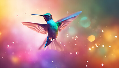 Naklejka premium humming bird flying over a coloured sparkling blurry background, image design. Sunny, bright image