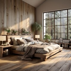 bedroom with wood walls and wooden floors