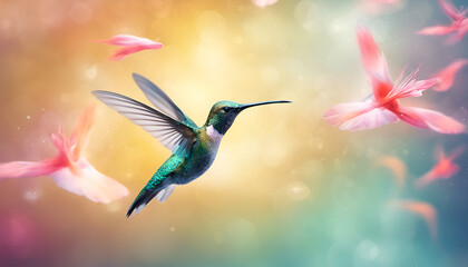 humming bird flying over a coloured sparkling blurry background, image design. Sunny, bright image