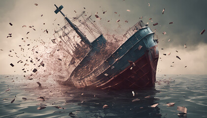 Sinking ship surrounded by debt and financial burdens, bankruptcy concept. An image of a sinking ship symbolizing financial troubles. Ideal for conveying economic collapse