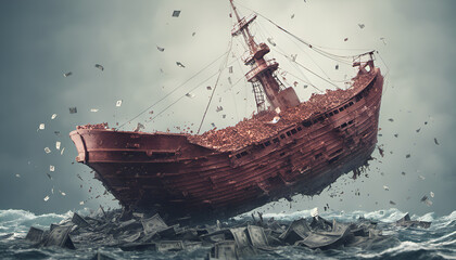 Sinking ship surrounded by debt and financial burdens, bankruptcy concept. An image of a sinking...