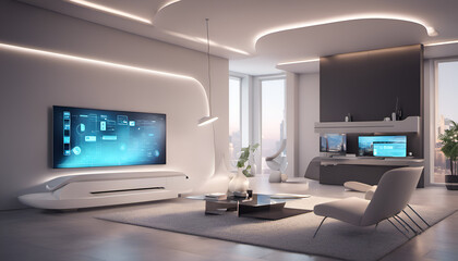 Tech-savvy home automation and smart living, modern convenience visual. A futuristic home with cutting-edge technology. Perfect for tech ads, substantial text area
