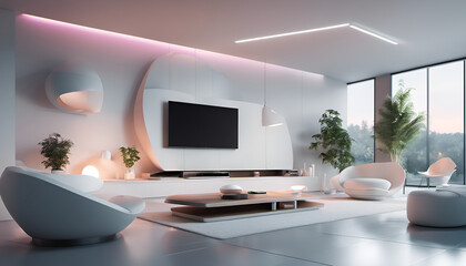 Tech-savvy home automation and smart living, modern convenience visual. A futuristic home with cutting-edge technology. Perfect for tech ads, substantial text area