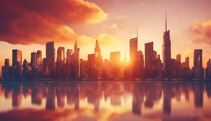 Obraz premium Vibrant cityscape at sunset, urban elegance concept. A breathtaking skyline with warm, golden hues