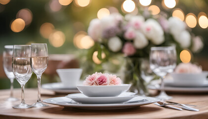 Wooden table set with elegant tableware and flowers against a blurred garden party background with bokeh lights. High quality photo, ideal for event and celebration promotions