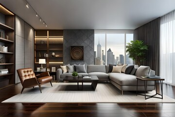 The living room interior in gray and brown tones features a gray sofa on a dark wood floor facing a stone fireplace with built-in shelves. Modern living room