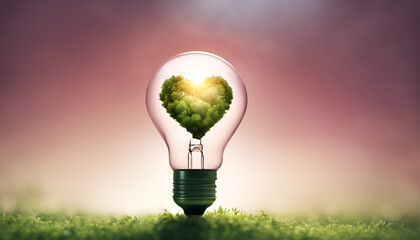 lightbulb shaped as a heart filled with nature, image design. Sunny, bright image