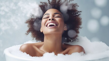Happy black woman taking bubble bath, generative ai. - obrazy, fototapety, plakaty