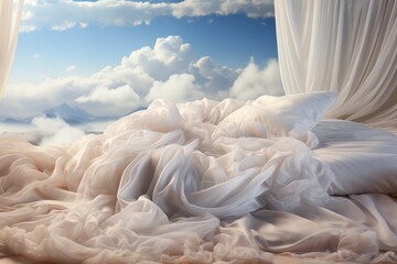 Fototapeta premium silk bed linen and the most delicate pillows and blankets, soft as feathers and light as clouds in the sky. Luxury bedding. 