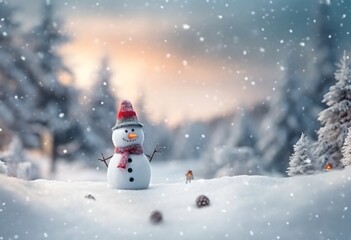 Snowman on winter landscape, generative ai Christmas greeting card.