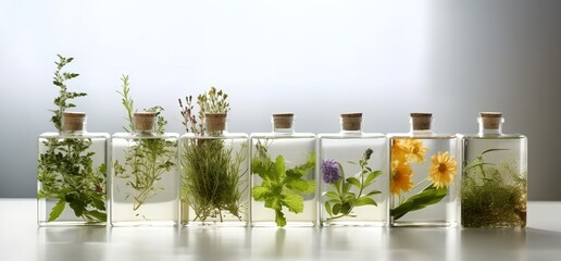 Herbs in glass bottles, generative ai image of variety of organic herbs.