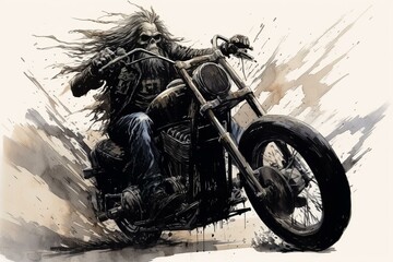 Ink-style rockfish riding a Harley motorcycle in Haran. Generative AI - obrazy, fototapety, plakaty