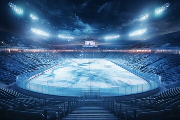 An illuminated stadium with an empty ice rink as seen from a playground. Depiction of professional ice hockey sports. Generative AI