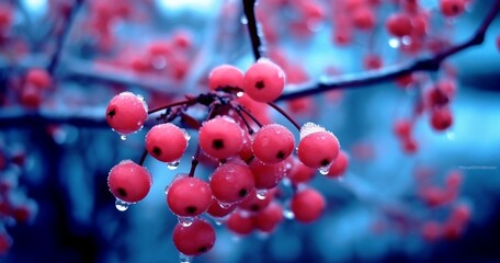 Fototapeta na wymiar Branch with red berries frozen, generative ai.