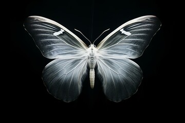 A white butterfly against a black background, with light passing through its spread wings. Generative AI